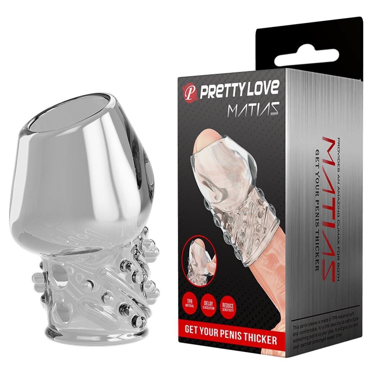 PRETTYLOVE Manson - Matias TPR moale și flexibil design texturat efect de întârziere a ejaculării transparent 6.5 cm