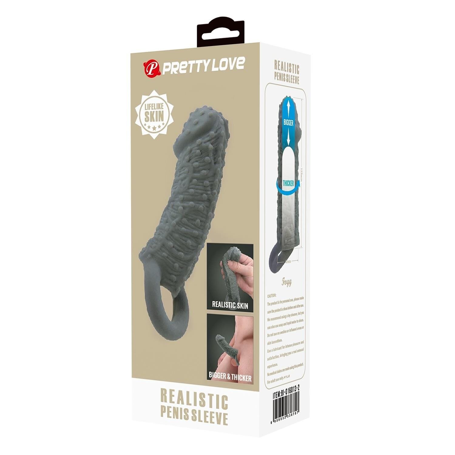 PRETTYLOVE Manson pentru penis – Fogg TPR cu textură stimulatoare elastic și realist culoare gri 13 cm