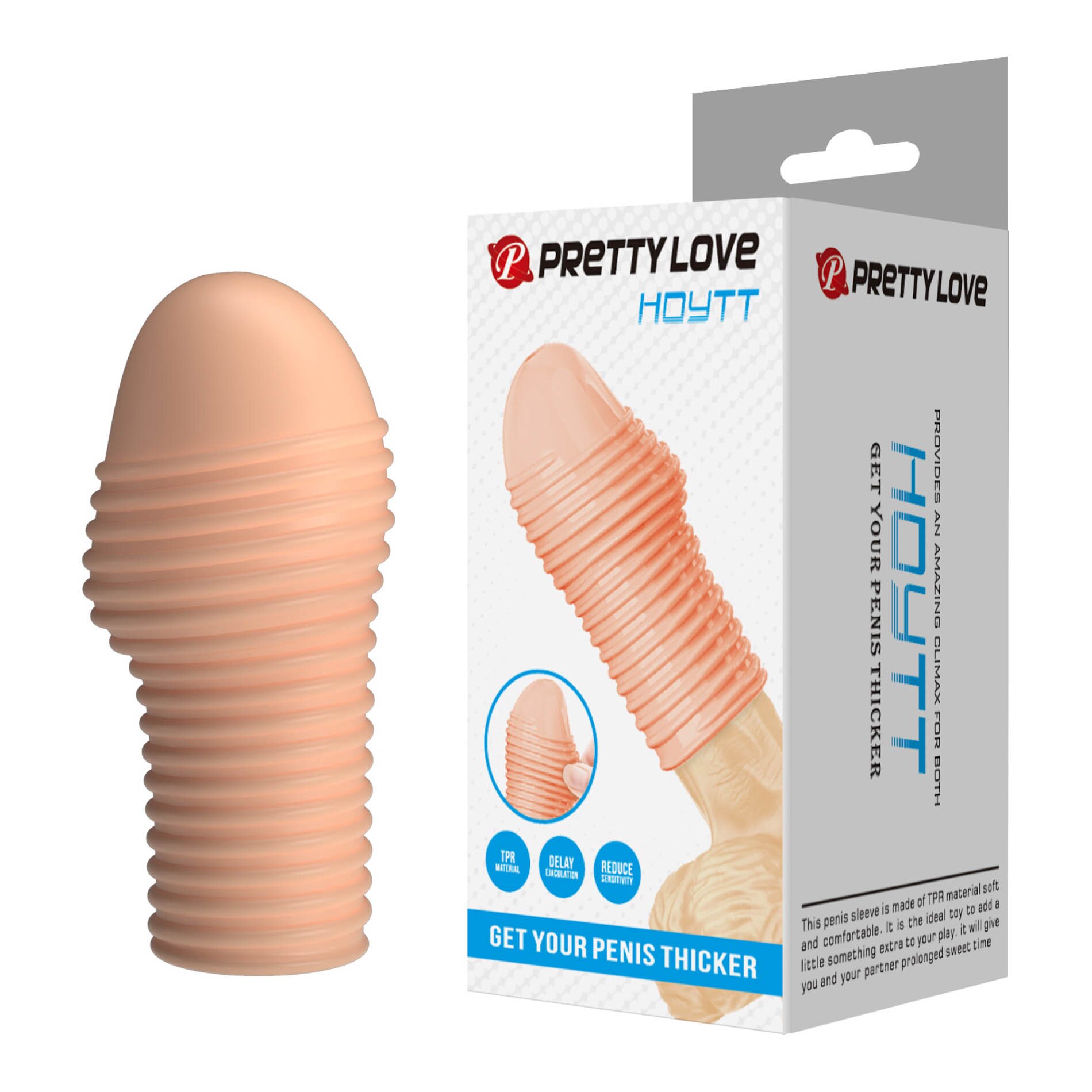 PRETTYLOVE Manșon pentru penis - Hoytt pentru îngroșare și stimulare intensă texturat cu striații culoarea pielii 9 cm