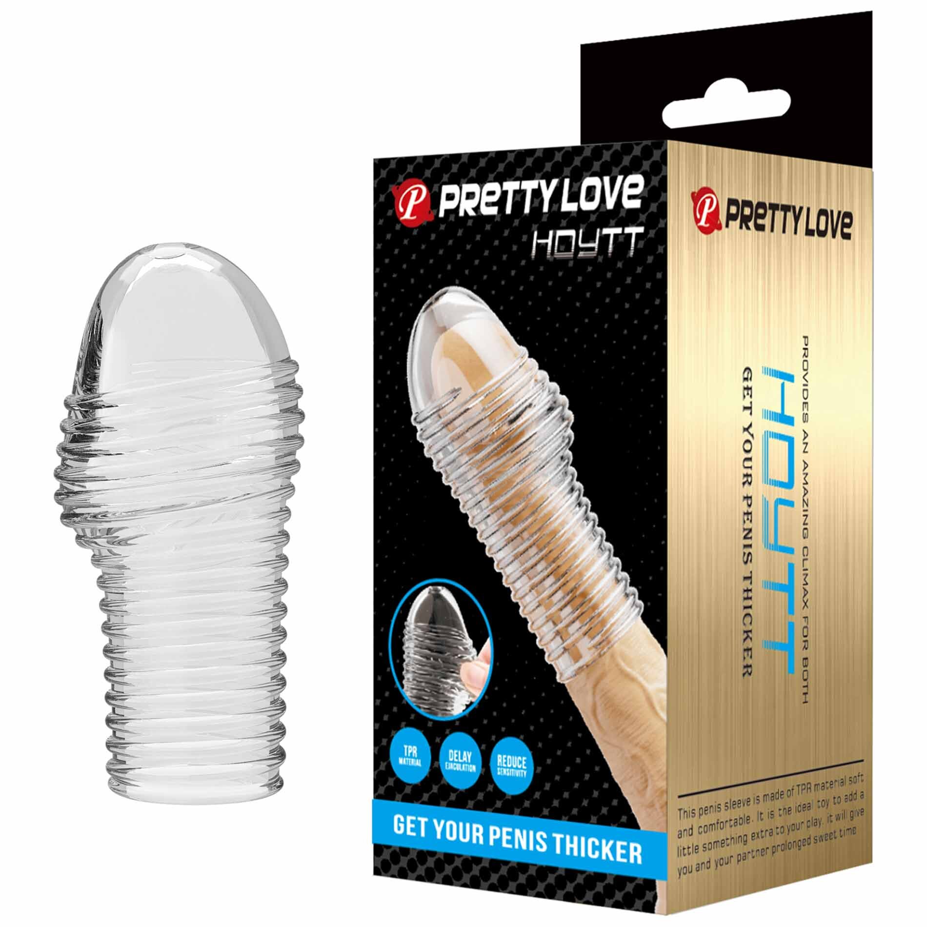 PRETTYLOVE Manșon pentru penis - Hoytt pentru îngroșare și stimulare intensă texturat cu striații transparent 9 cm