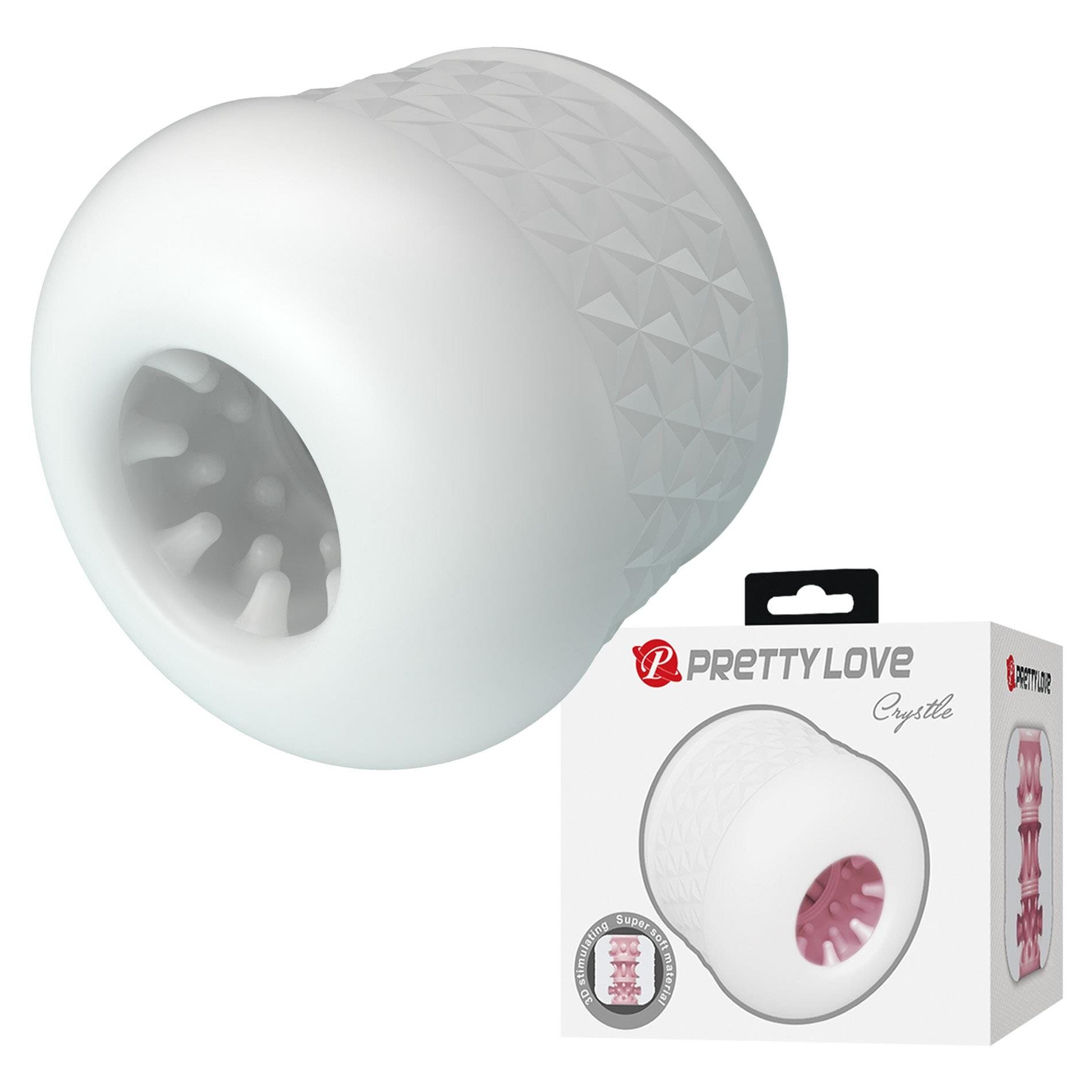PRETTYLOVE Masturbator - Crystle dublu moale și flexibil canal texturat cu noduli stimulatori rezistent la apă alb