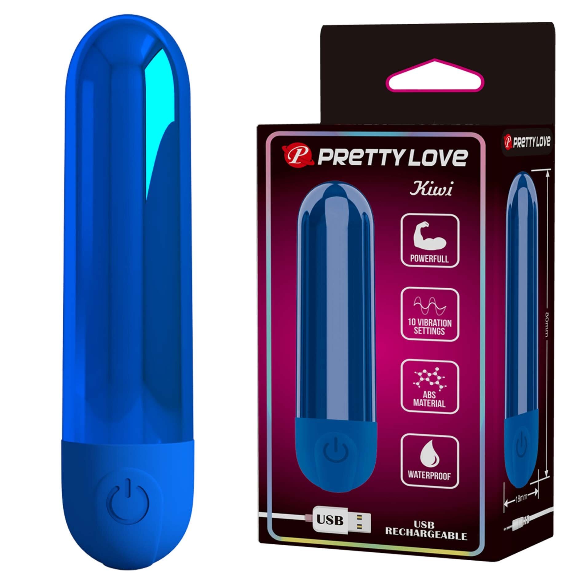 PRETTYLOVE Vibrator bullet reîncărcabil – Kiwi 10 moduri de vibrare design metalic compact albastru