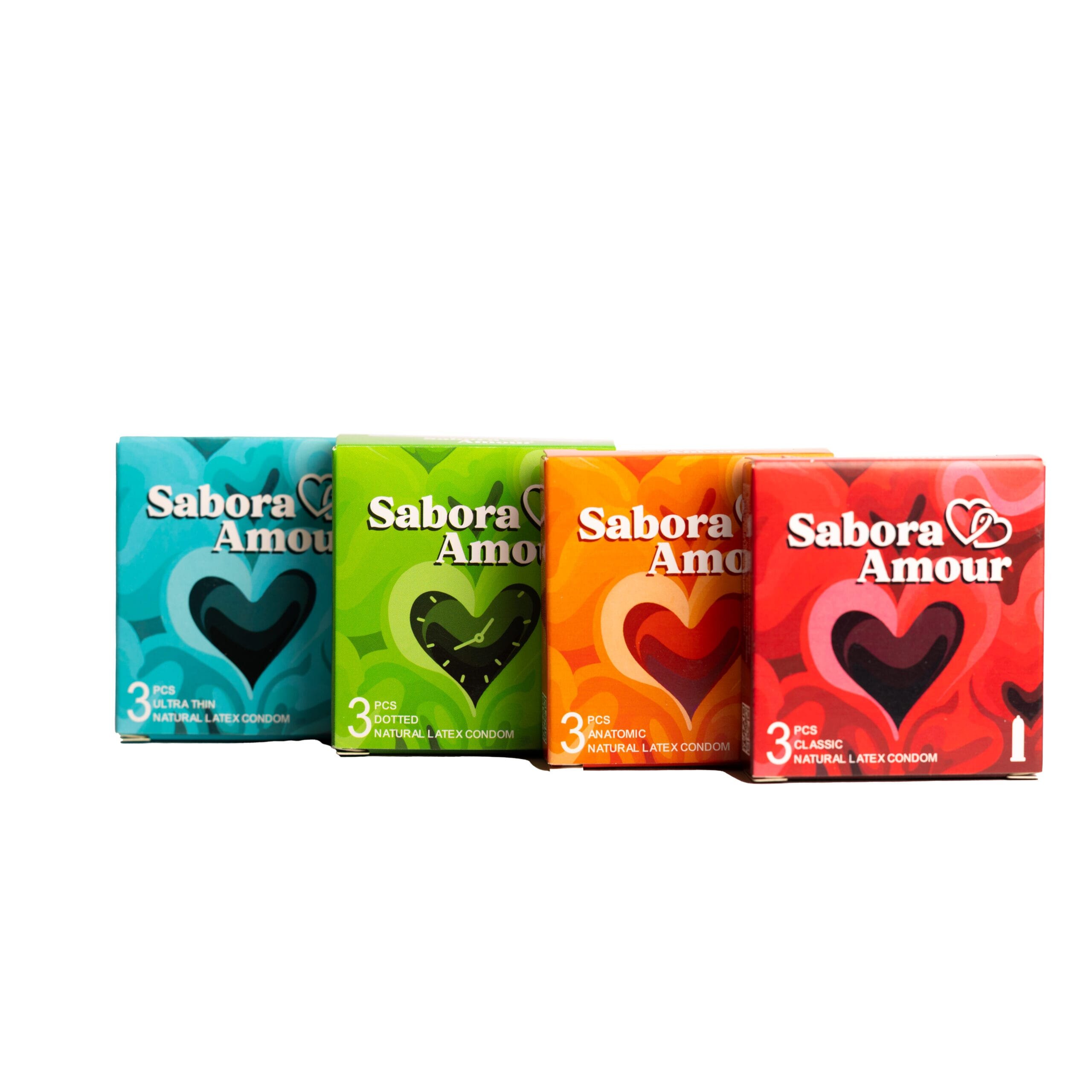 Sabora Amour Pachet Prezervative – Mix 4 Variante: Classic Ultra Thin Anatomic și Delay Latex Natural 52 mm 48 bucăți