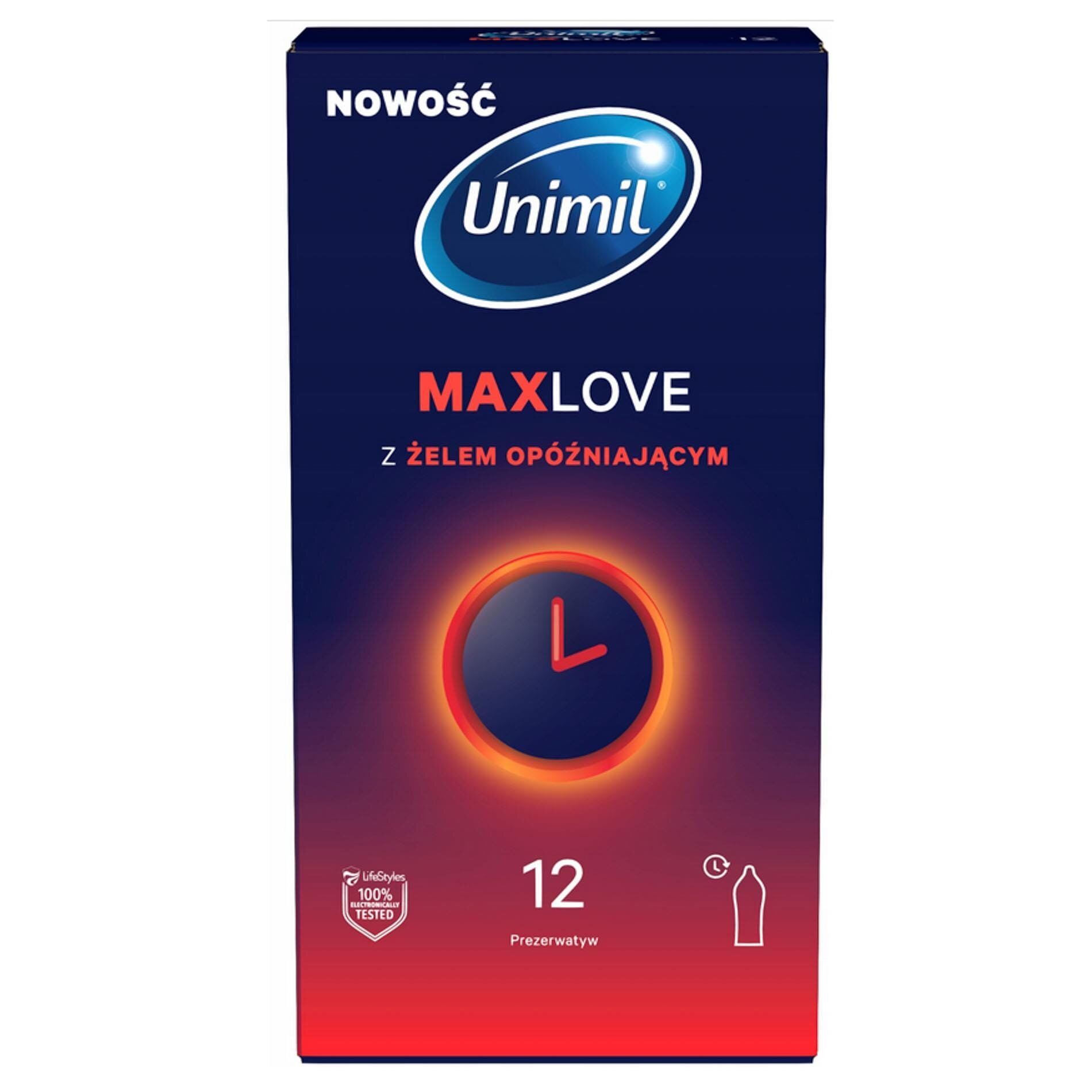 Unimil Prezervative - Max Love cu gel cu efect de întârziere pentru plăcere prelungită 12 bucăți