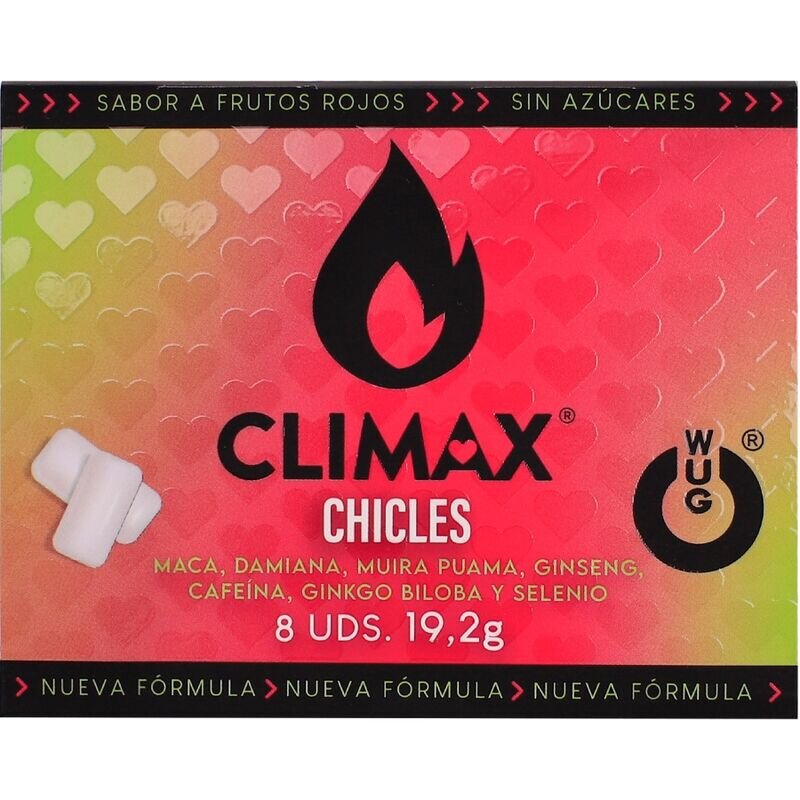 WUG Sex Gumă de mestecat WUG - Climax pentru bărbați cu Maca Ginseng Damiana Cafeină și Seleniu aromă de fructe roșii fără zahăr 8 buc